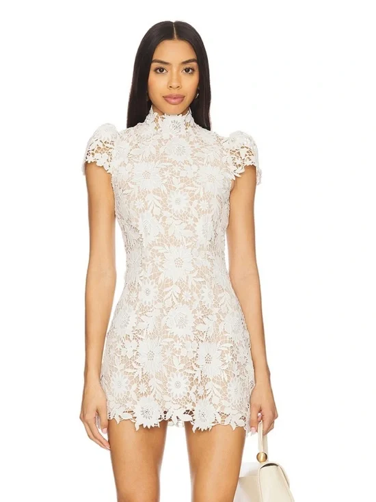 REVOLVE & Stone Cold Fox - Amy Dress White Floral Lace High-Neck Mini - Picture 1 of 5